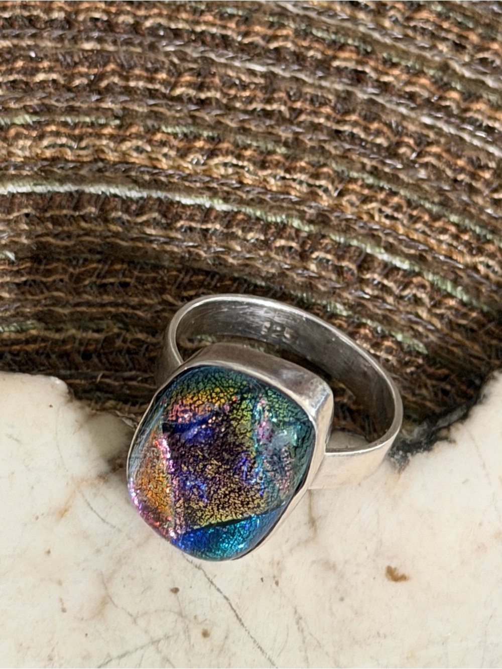 Sterling Silver Rainbow Dichroic Glass Statement Ring